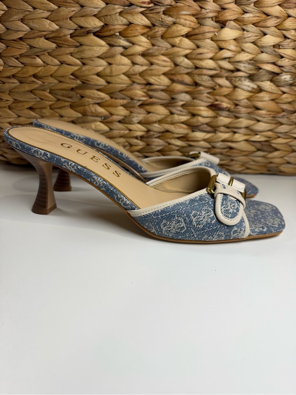 GUESS Denim Logo Buckle Slip-On Mules in Blue and Cream - Picture 6 of 7